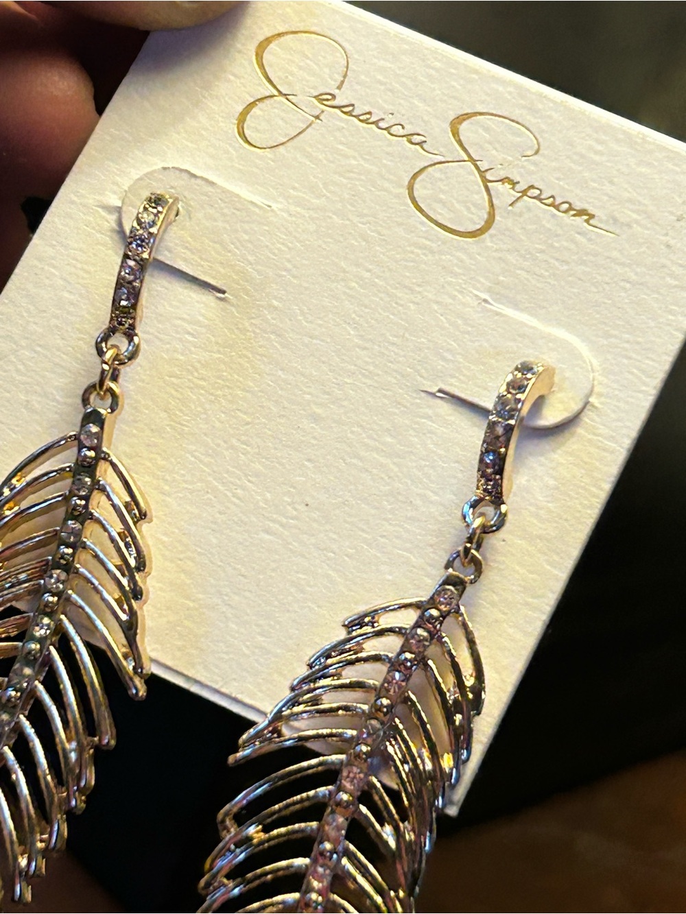Jessica Simpson Silver Feather Dangle Earrings with Clear Stones